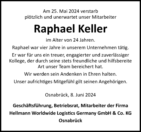 Traueranzeige von Raphael Keller von Neue Osnabrücker Zeitung GmbH & Co. KG