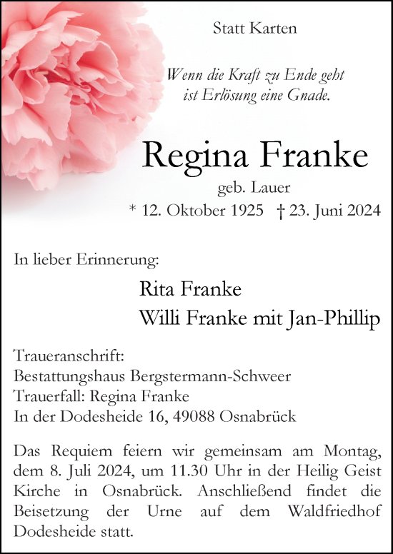 Traueranzeige von Regina Franke von Neue Osnabrücker Zeitung GmbH & Co. KG