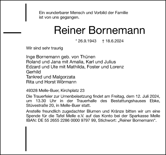 Traueranzeige von Reiner Bornemann von Neue Osnabrücker Zeitung GmbH & Co. KG