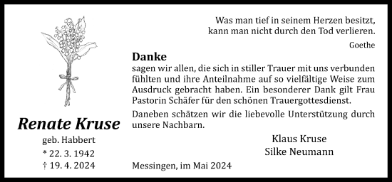 Traueranzeige von Renate Kruse von Neue Osnabrücker Zeitung GmbH & Co. KG