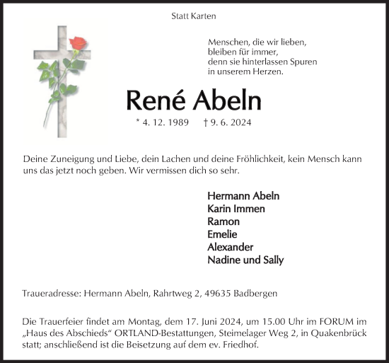 Traueranzeige von Rene Abeln von Neue Osnabrücker Zeitung GmbH & Co. KG