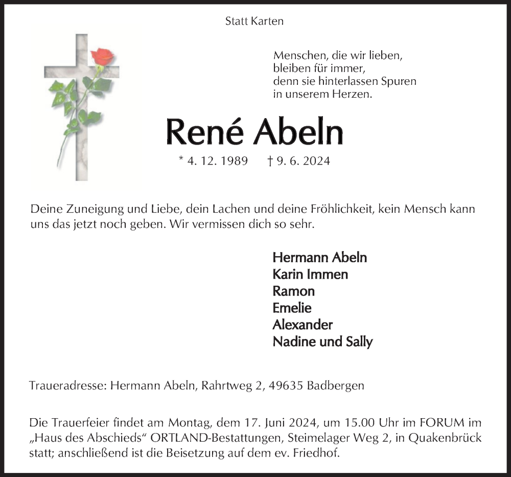  Traueranzeige für Rene Abeln vom 13.06.2024 aus Neue Osnabrücker Zeitung GmbH & Co. KG