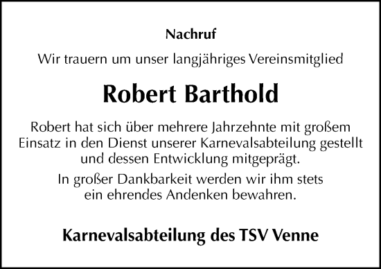 Traueranzeige von Robert Barthold von Neue Osnabrücker Zeitung GmbH & Co. KG