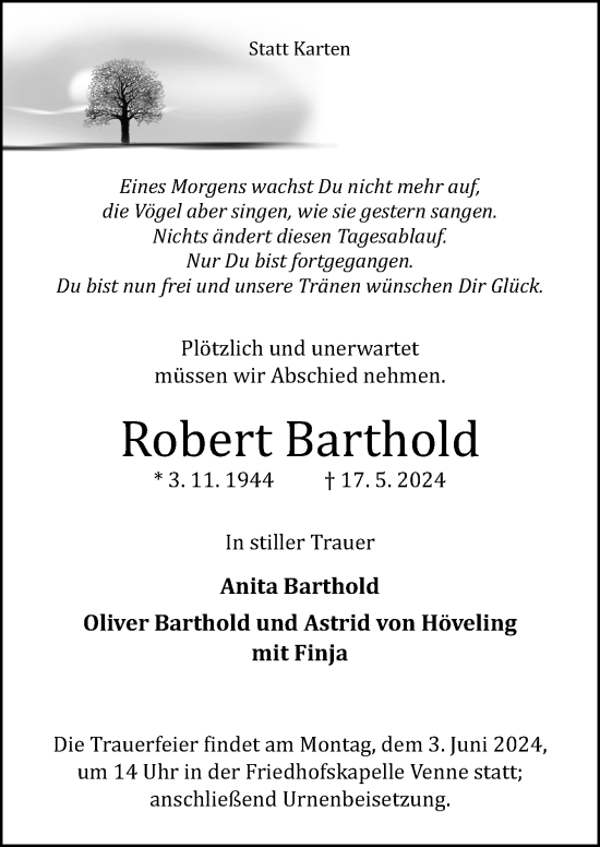 Traueranzeige von Robert Barthold von Neue Osnabrücker Zeitung GmbH & Co. KG