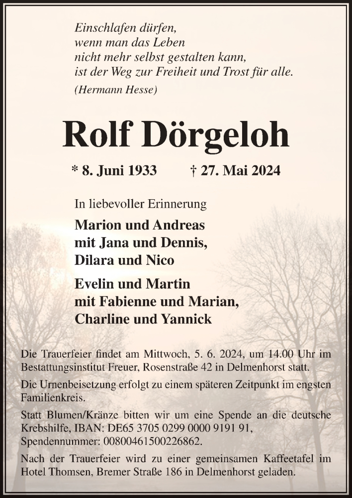  Traueranzeige für Rolf Dörgeloh vom 01.06.2024 aus DK Medien GmbH & Co. KG