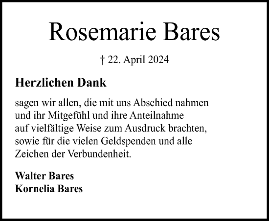 Traueranzeige von Rosemarie Bares von DK Medien GmbH & Co. KG