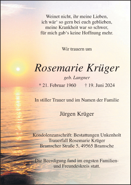 Traueranzeige von Rosemarie Krüger von Neue Osnabrücker Zeitung GmbH & Co. KG