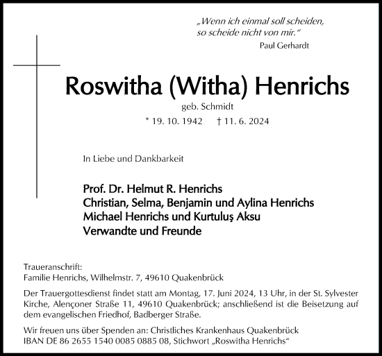 Traueranzeige von Roswitha Henrichs von Neue Osnabrücker Zeitung GmbH & Co. KG
