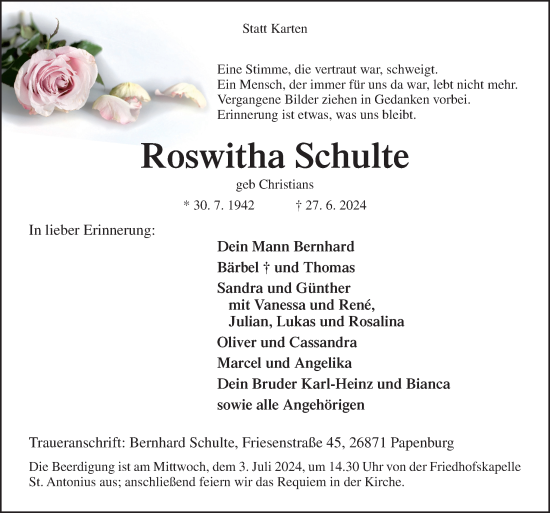Traueranzeige von Roswitha Schulte von Neue Osnabrücker Zeitung GmbH & Co. KG