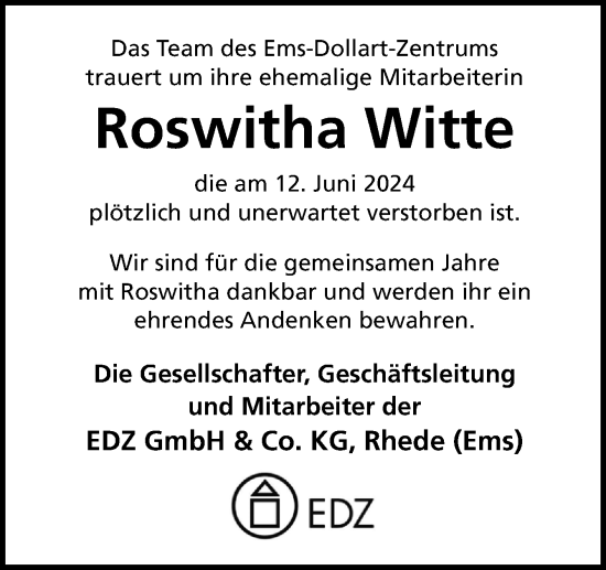 Traueranzeige von Roswitha Witte von Neue Osnabrücker Zeitung GmbH & Co. KG