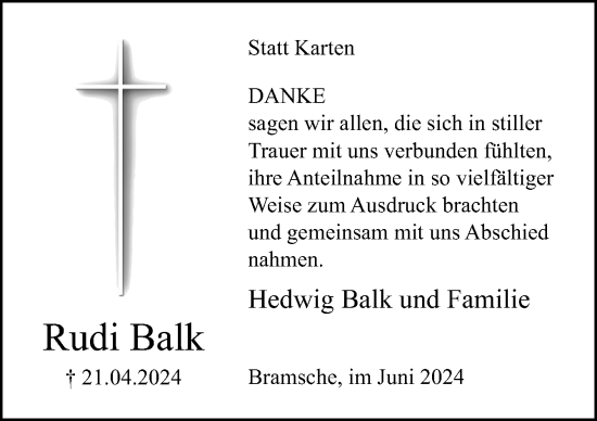 Traueranzeige von Rudi Balk von Neue Osnabrücker Zeitung GmbH & Co. KG