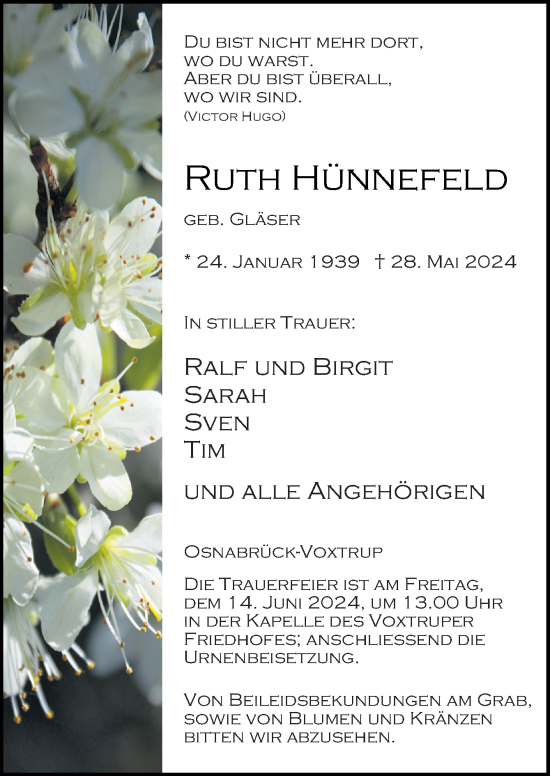 Traueranzeige von Ruth Hünnefeld von Neue Osnabrücker Zeitung GmbH & Co. KG