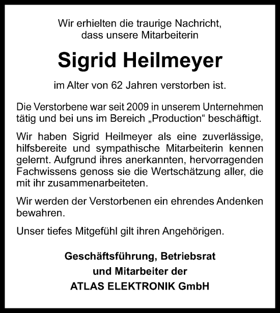 Traueranzeige von Sigrid Heilmeyer von DK Medien GmbH & Co. KG