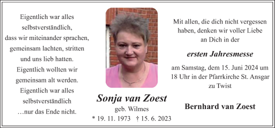 Traueranzeige von Sonja van Zoest von Neue Osnabrücker Zeitung GmbH & Co. KG