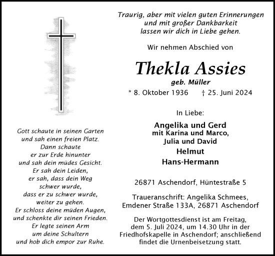 Traueranzeige von Thekla Assies von Neue Osnabrücker Zeitung GmbH & Co. KG