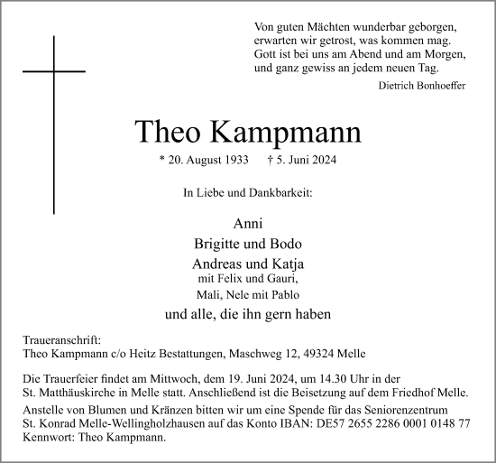 Traueranzeige von Theo Kampmann von Neue Osnabrücker Zeitung GmbH & Co. KG