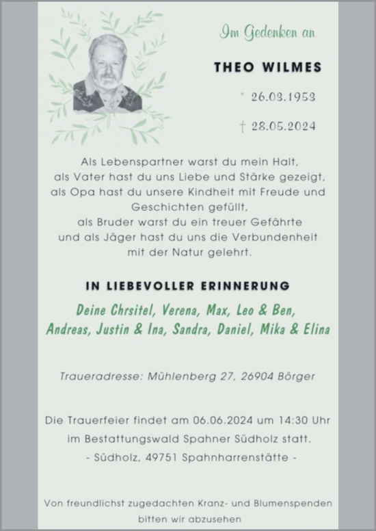 Traueranzeige von Theo Wilms von Neue Osnabrücker Zeitung GmbH & Co. KG