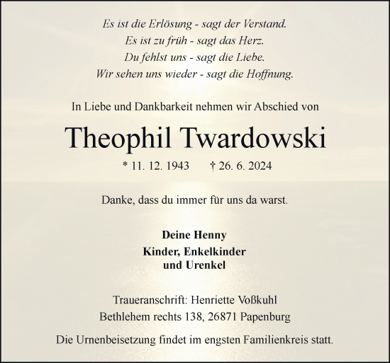 Traueranzeige von Theophil Twardowski von Neue Osnabrücker Zeitung GmbH & Co. KG