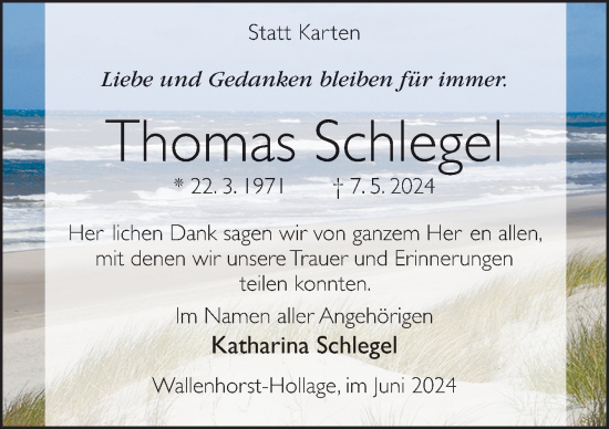 Traueranzeige von Thomas Schlegel von Neue Osnabrücker Zeitung GmbH & Co. KG