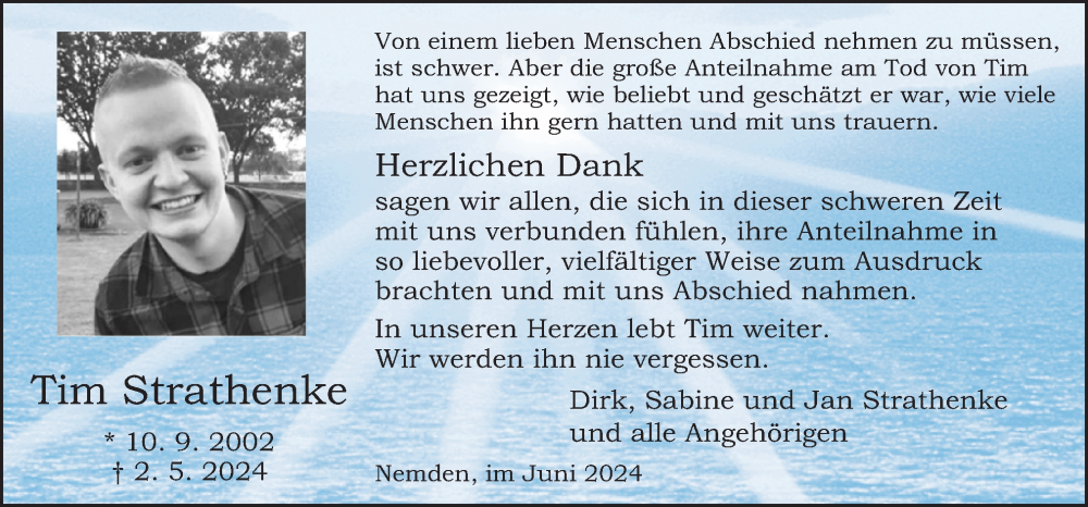  Traueranzeige für Tim Strathenke vom 22.06.2024 aus Neue Osnabrücker Zeitung GmbH & Co. KG