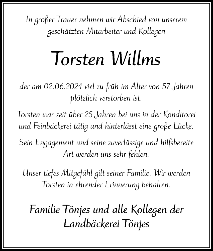  Traueranzeige für Torsten Willms vom 08.06.2024 aus DK Medien GmbH & Co. KG