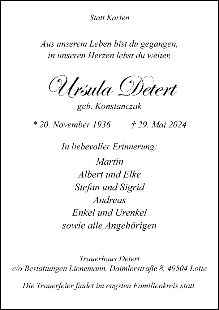  Traueranzeige für Ursula Detert vom 15.06.2024 aus Neue Osnabrücker Zeitung GmbH & Co. KG