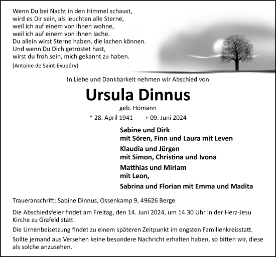 Traueranzeige von Ursula Dinnus von Neue Osnabrücker Zeitung GmbH & Co. KG