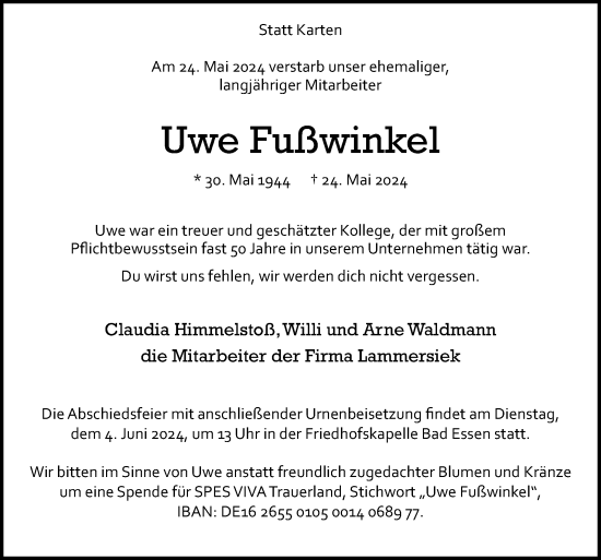 Traueranzeige von Uwe Fußwinkel von Neue Osnabrücker Zeitung GmbH & Co. KG