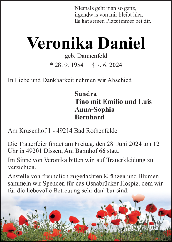 Traueranzeige von Veronika Daniel von Neue Osnabrücker Zeitung GmbH & Co. KG