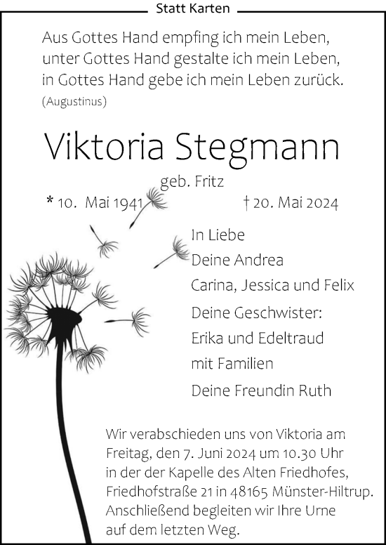 Traueranzeige von Viktoria Stegmann von Neue Osnabrücker Zeitung GmbH & Co. KG