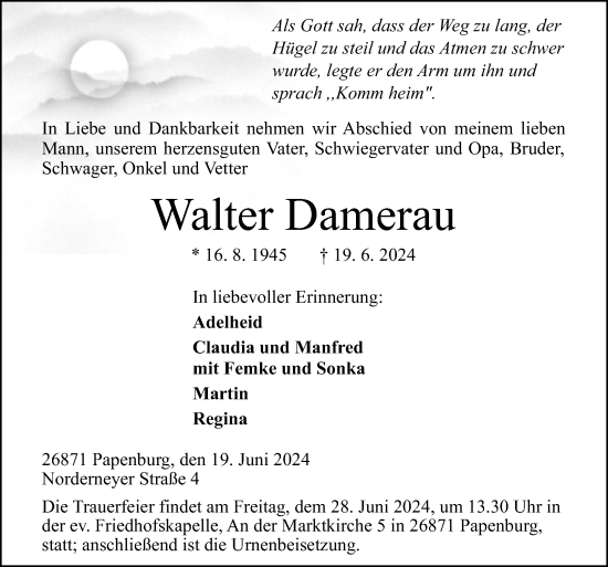 Traueranzeige von Walter Damerau von Neue Osnabrücker Zeitung GmbH & Co. KG