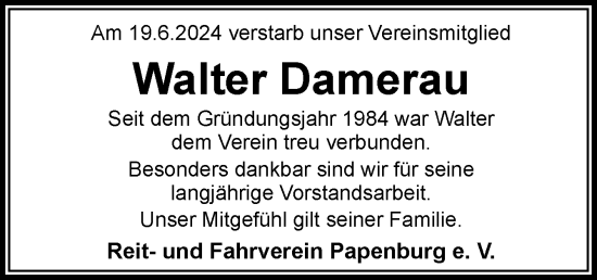 Traueranzeige von Walter Damerau von Neue Osnabrücker Zeitung GmbH & Co. KG