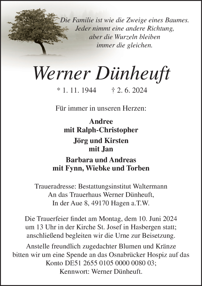  Traueranzeige für Werner Dünheuft vom 05.06.2024 aus Neue Osnabrücker Zeitung GmbH & Co. KG
