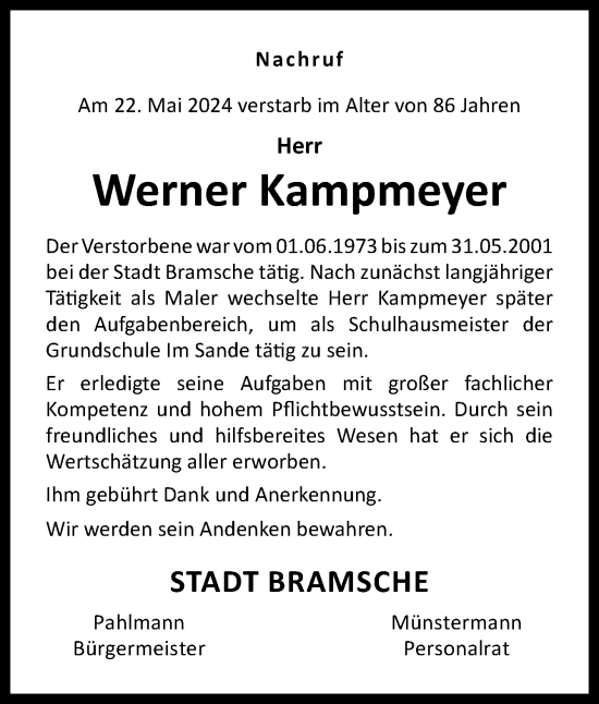 Traueranzeige von Werner Kampmeyer von Neue Osnabrücker Zeitung GmbH & Co. KG