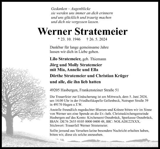 Traueranzeige von Werner Stratemeier von Neue Osnabrücker Zeitung GmbH & Co. KG