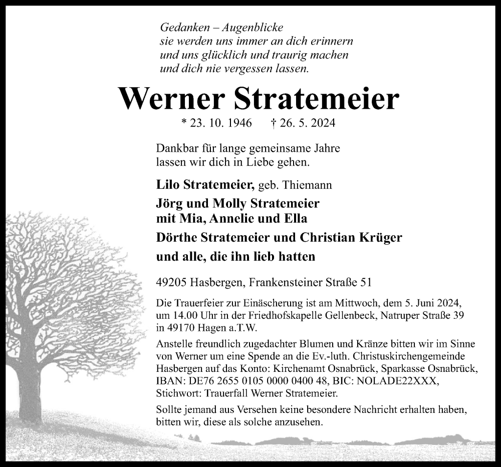  Traueranzeige für Werner Stratemeier vom 01.06.2024 aus Neue Osnabrücker Zeitung GmbH & Co. KG