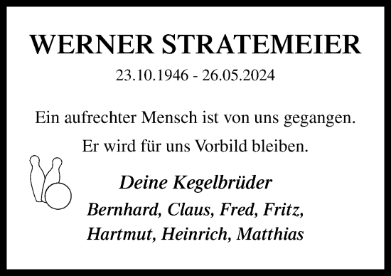 Traueranzeige von Werner Stratemeier von Neue Osnabrücker Zeitung GmbH & Co. KG