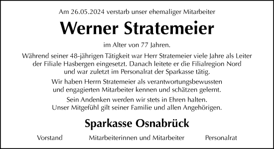 Traueranzeige von Werner Stratemeier von Neue Osnabrücker Zeitung GmbH & Co. KG