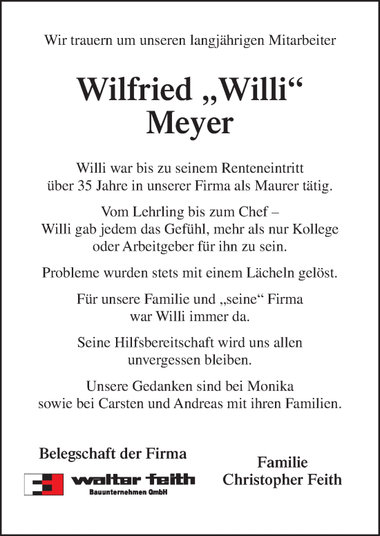 Traueranzeige von Wilfried Meyer von DK Medien GmbH & Co. KG