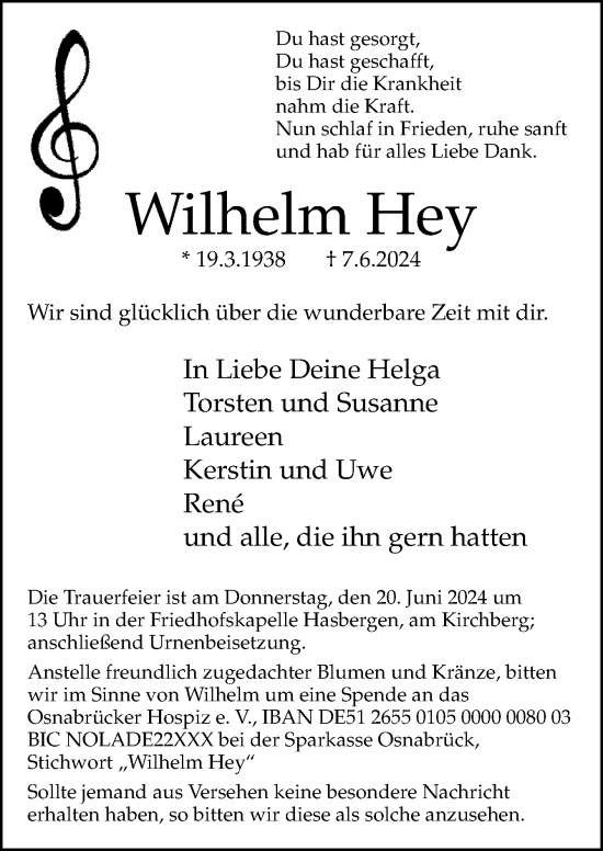 Traueranzeige von Wilhelm Hey von Neue Osnabrücker Zeitung GmbH & Co. KG