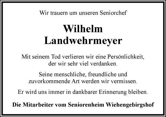 Traueranzeige von Wilhelm Landwehrmeyer von Neue Osnabrücker Zeitung GmbH & Co. KG