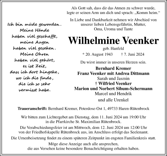 Traueranzeige von Wilhelmine Veenker von Neue Osnabrücker Zeitung GmbH & Co. KG