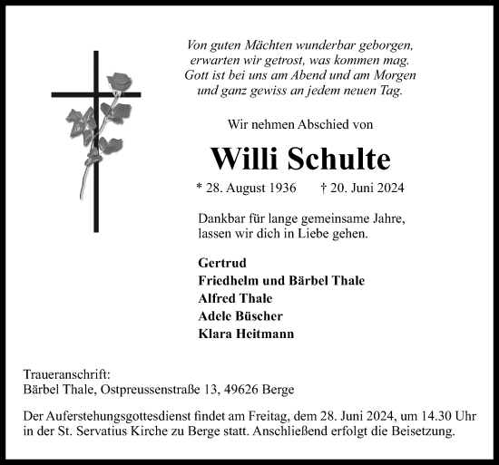 Traueranzeige von Willi Schulte von Neue Osnabrücker Zeitung GmbH & Co. KG