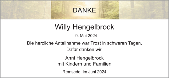 Traueranzeige von Willy Hengelbrock von Neue Osnabrücker Zeitung GmbH & Co. KG