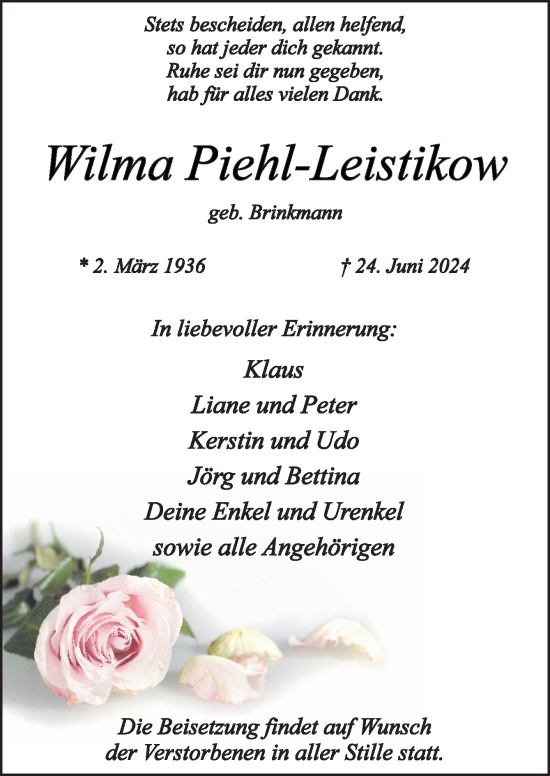Traueranzeige von Wilma Piehl-Leistikow von Neue Osnabrücker Zeitung GmbH & Co. KG