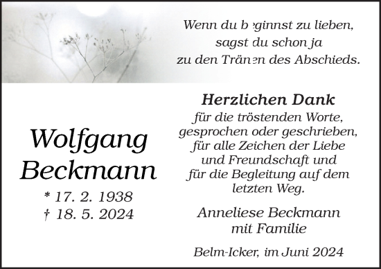 Traueranzeige von Wolfgang Beckmann von Neue Osnabrücker Zeitung GmbH & Co. KG