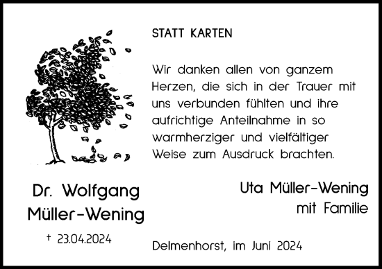 Traueranzeige von Wolfgang Müller-Wening von DK Medien GmbH & Co. KG