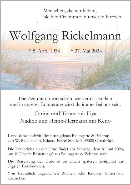 Traueranzeige von Wolfgang Rickelmann von Neue Osnabrücker Zeitung GmbH & Co. KG