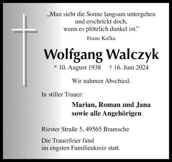 Traueranzeige von Wolfgang Walczyk von Neue Osnabrücker Zeitung GmbH & Co. KG