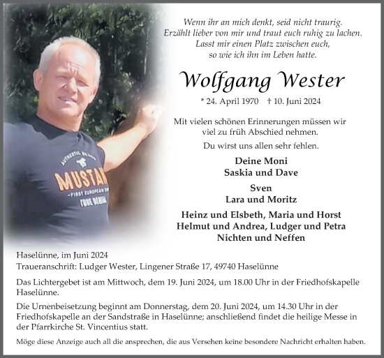 Traueranzeige von Wolfgang Wester von Neue Osnabrücker Zeitung GmbH & Co. KG